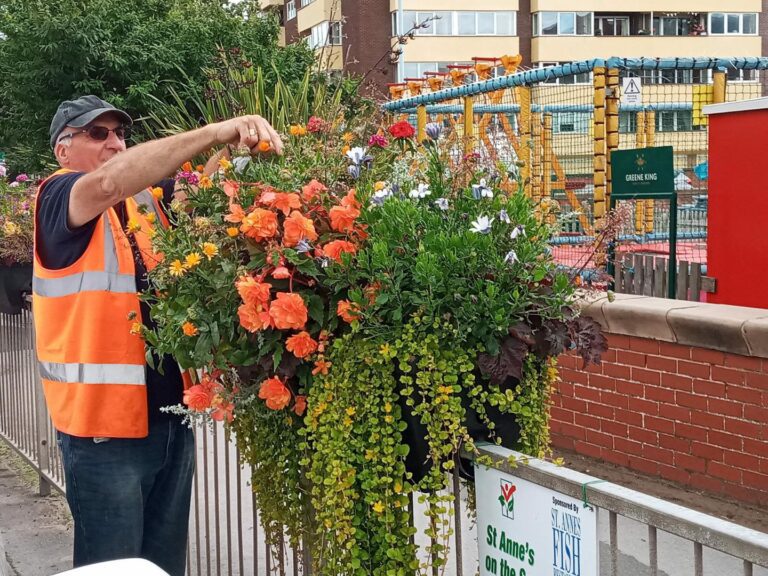 St Annes in Bloom volunteers, feeding and deadheading displays