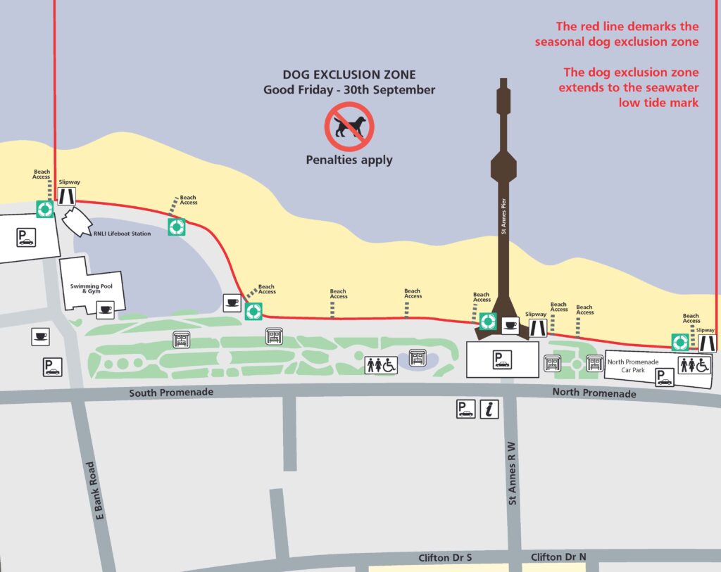 Detailed area of dog exclusion at St Annes beach