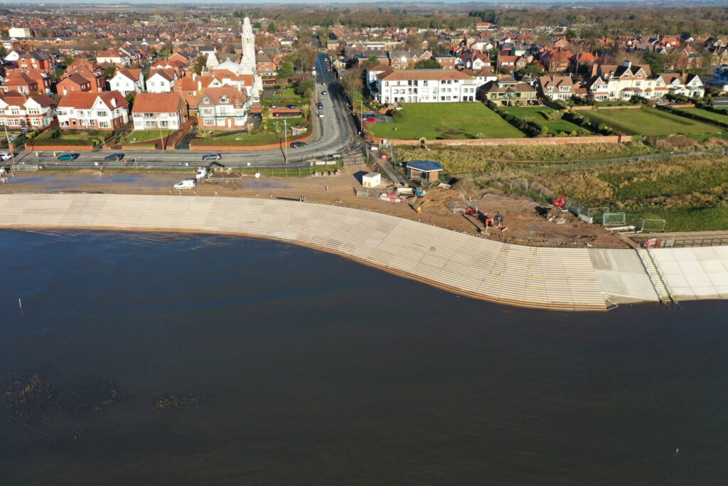 Aerial view of the brand new sea defences at Granny's Bay, Lytham St Annes. Photo: Fylde Council
